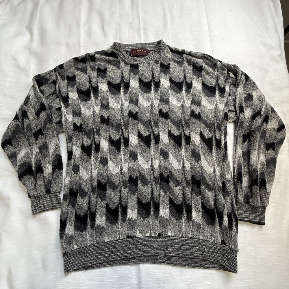 Tundra Canada Vintage Wool Blend Knit Crew Neck Sweater Gray And Black Sz Large